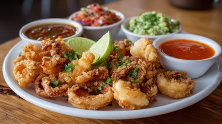 Succulent fried calamari garnished with lime and accompanied by colorful dips and sauces.の素材