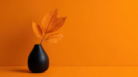 Bold orange leaves stand tall in a sleek black vase creating a warm and inviting atmosphere.の素材