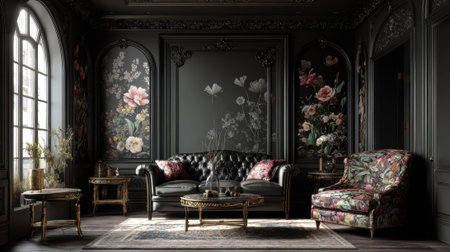 This room features dark walls with floral art elegant furniture and a cozy ambiance.の素材