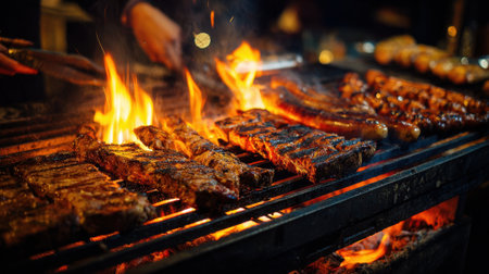 Juicy cuts of meat grill over open flames creating an inviting atmosphere for food lovers.の素材