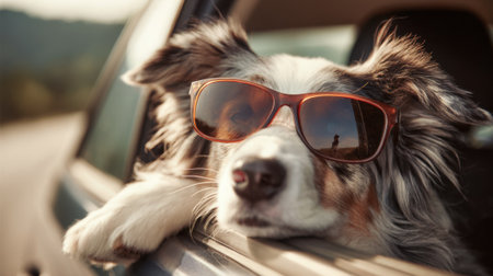 A dog with sunglasses leans out of a car window enjoying the warm sunlight and fresh air.の素材