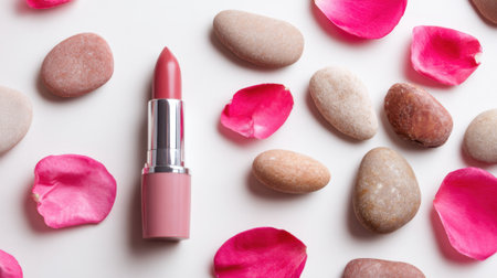 Soft rose petals and smooth stones surround a vibrant lipstick showcasing natural beauty in harmony.の素材