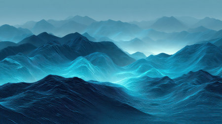 Dynamic waves ripple across a tranquil landscape blending shades of blue and turquoise in the mountains.の素材