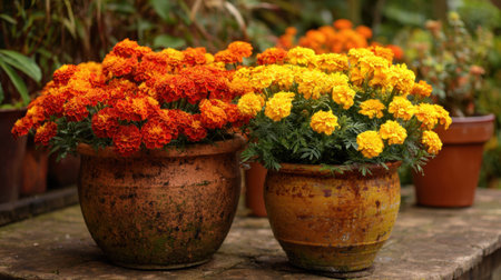 Colorful marigolds in terracotta pots add cheerful hues to a lush garden showcasing natures beauty.の素材