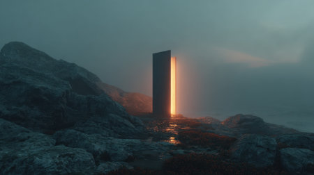 A tall glowing monolith rises from the damp rocks under an overcast sky at dawn evoking wonder.の素材