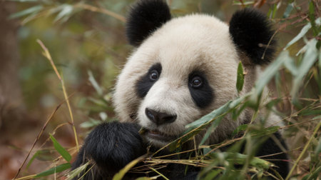 A playful panda munches on fresh bamboo surrounded by vibrant greenery in a natural habitat.の素材