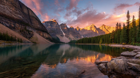 Colorful sunset illuminates mountain peaks while a serene lake mirrors the beauty of nature.の素材