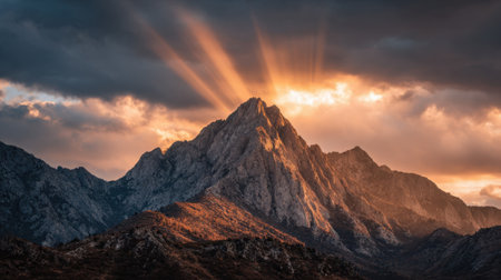 Golden sunlight streams over tall mountain peaks as clouds gather during a peaceful sunset.の素材