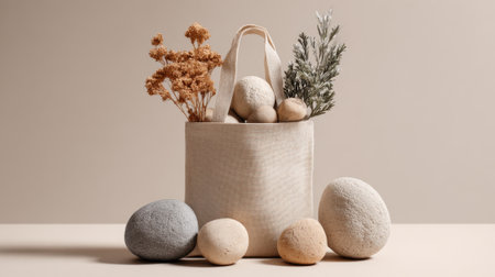 Dried flowers and smooth stones create a serene and minimalist arrangement in a fabric bag.の素材