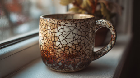 A beautifully textured mug sits on a windowsill catching the warm sunlight surrounded by nature.の素材