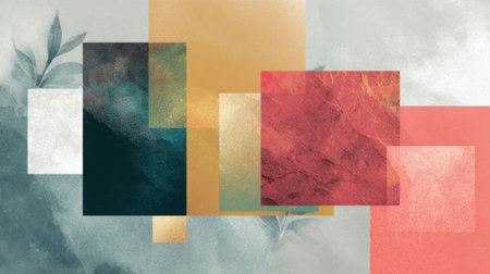 Colorful squares and rectangles blend harmoniously with gentle foliage and gradients creating balance.の素材