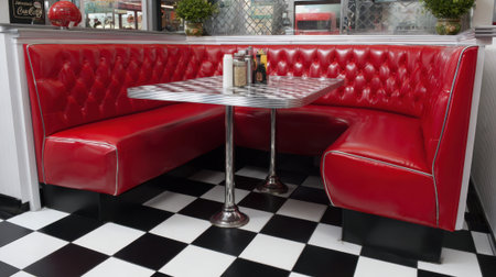 Bright red booth with a shiny silver table invites diners to enjoy delicious meals and conversation.の素材