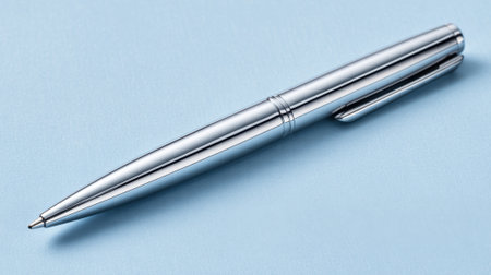 A sleek silver pen lies on a pale blue surface waiting for inspiration to strike and words to flow.の素材