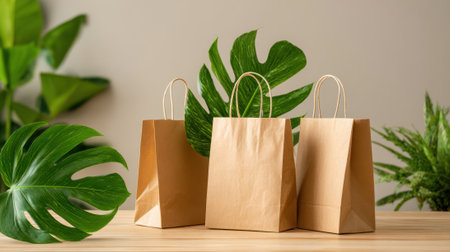 Beautiful brown shopping bags placed on a wooden table surrounded by lush green foliage.の素材