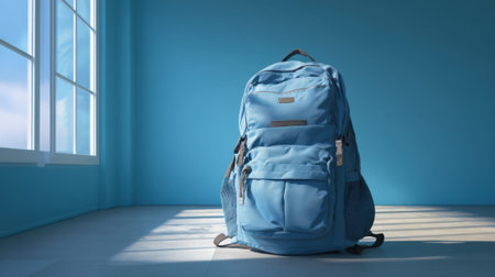 A bright blue backpack stands against a sunny wall casting soft shadows in the room.の素材
