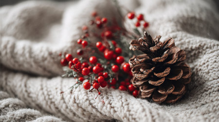 A warm knitted blanket holds a fragrant pine cone and bright red berries evoking winter comfort.の素材