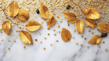 Golden leaves lay on smooth marble surrounded by shimmering confetti and dark berries.の素材