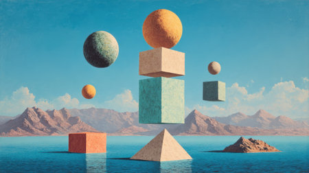 Colorful shapes rise above tranquil waters surrounded by majestic mountains under a clear blue sky.の素材