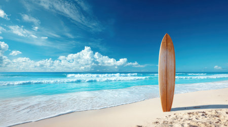 A wooden surfboard stands on the beach surrounded by soft sand and gentle waves on a vibrant day.の素材
