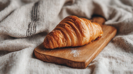 A golden croissant sits on a rustic wooden board with warm linen nearby inviting a comforting breakfast moment.の素材