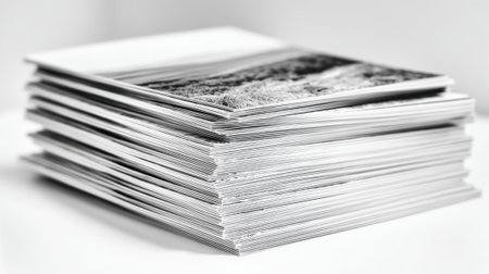 A tall stack of black and white photographs captures tranquil landscape scenes from various locations.の素材
