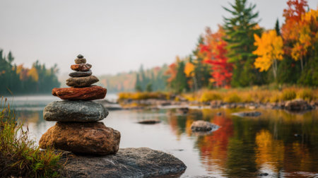 A serene scene unfolds with carefully stacked stones by a tranquil lake framed by vibrant autumn foliage.の素材