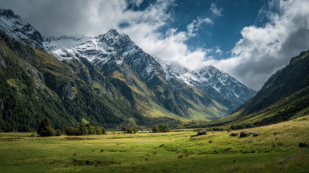 Snow capped peaks tower over a serene valley filled with vibrant greens under a dynamic sky.の素材