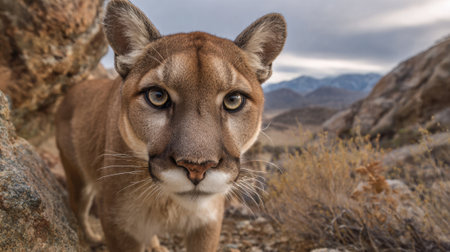 A mountain lion explores its rocky habitat as the sun sets behind distant mountains.の素材