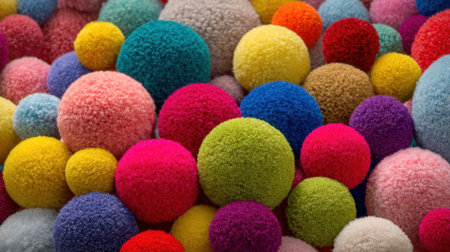 Brightly colored fuzzy spheres fill the scene with playful energy and warmth inviting smiles.の素材