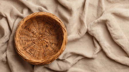 A beautiful woven basket sits gracefully atop soft beige fabric adding warmth to the space.の素材