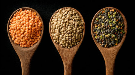 Three wooden spoons hold distinct lentil varieties in rich colors beautifully arranged for display.の素材