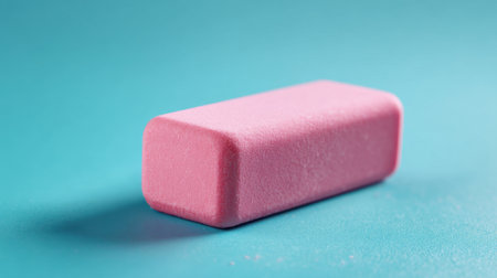 A bright pink eraser sits on a smooth teal background highlighting its unique shape and color.の素材