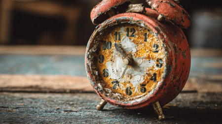 Dust covers a vintage alarm clock sitting on a worn table in an abandoned space hinting at history.の素材