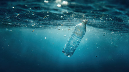 A plastic bottle drifts slowly beneath the surface of blue ocean waters illuminated by sunlight.の素材