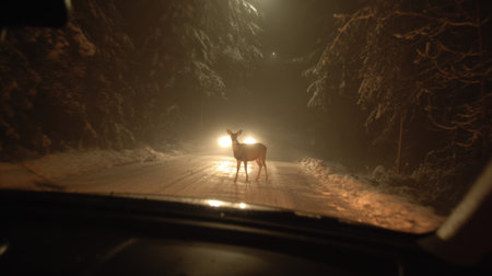 A deer pauses in the middle of a snowy road illuminated by car headlights in the foggy darkness.の素材