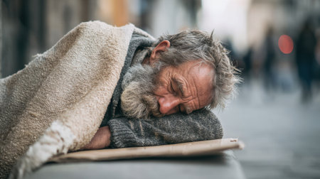 A weary man sleeps on the sidewalk wrapped in a blanket while people bustle by in the background.の素材