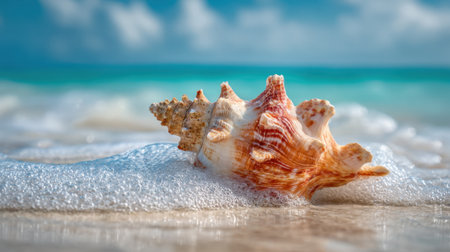 A stunning shell lies on the warm sand while waves gently lap at its base capturing the serene beautyの素材