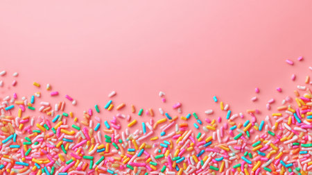 Brightly colored sprinkles create a joyful pattern on a pastel pink surface perfect for celebrations.の素材