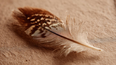A beautiful feather lies flat on a rough surface revealing its unique patterns and warm colors.の素材