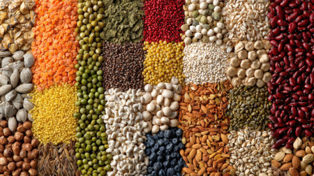 Brightly colored seeds and legumes are neatly organized showcasing a variety of shapes and textures.の素材