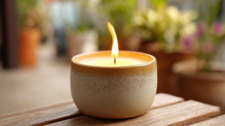 A cozy candle burns softly on a wooden table surrounded by vibrant plants in bloom.の素材