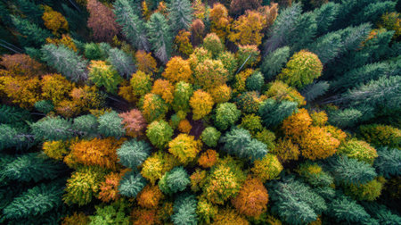 A stunning aerial perspective reveals a forest filled with colorful autumn foliage and lush greenery.の素材