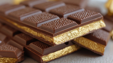 A close view of a chocolate bar with a shiny golden layer perfect for sweet cravings and indulgence.の素材