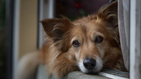 A beautiful dog relaxes by the window gazing outside with a calm expression on a quiet day.の素材