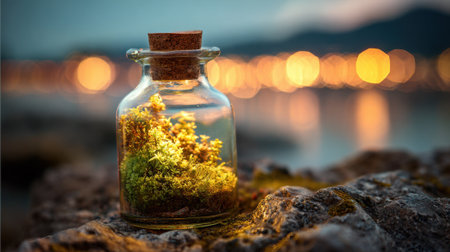 A beautifully arranged glass bottle holds moss and flowers glowing softly as the sunset casts warm light.の素材