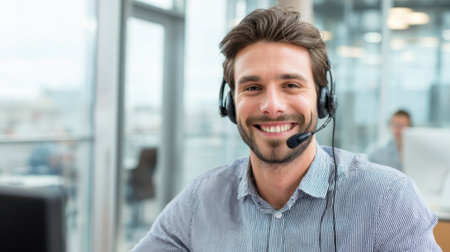 A friendly man in a headset smiles while assisting customers in a bright office space.の素材