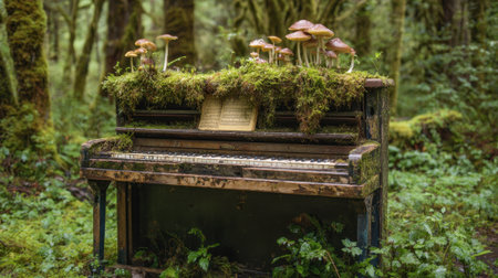 In a serene forest an old piano covered in moss and mushrooms blends beautifully with nature.の素材