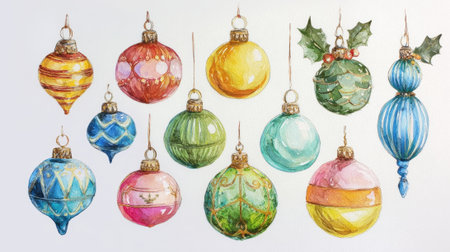 A collection of beautifully decorated ornaments in vibrant colors creates a joyful holiday scene.の素材