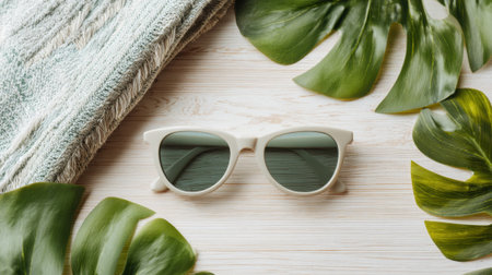 A pair of chic sunglasses lies on a wooden surface with lush green leaves and a towel nearby.の素材