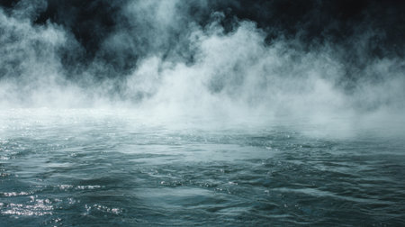 Steam gently billows from the surface of the water creating an ethereal atmosphere at dusk.の素材